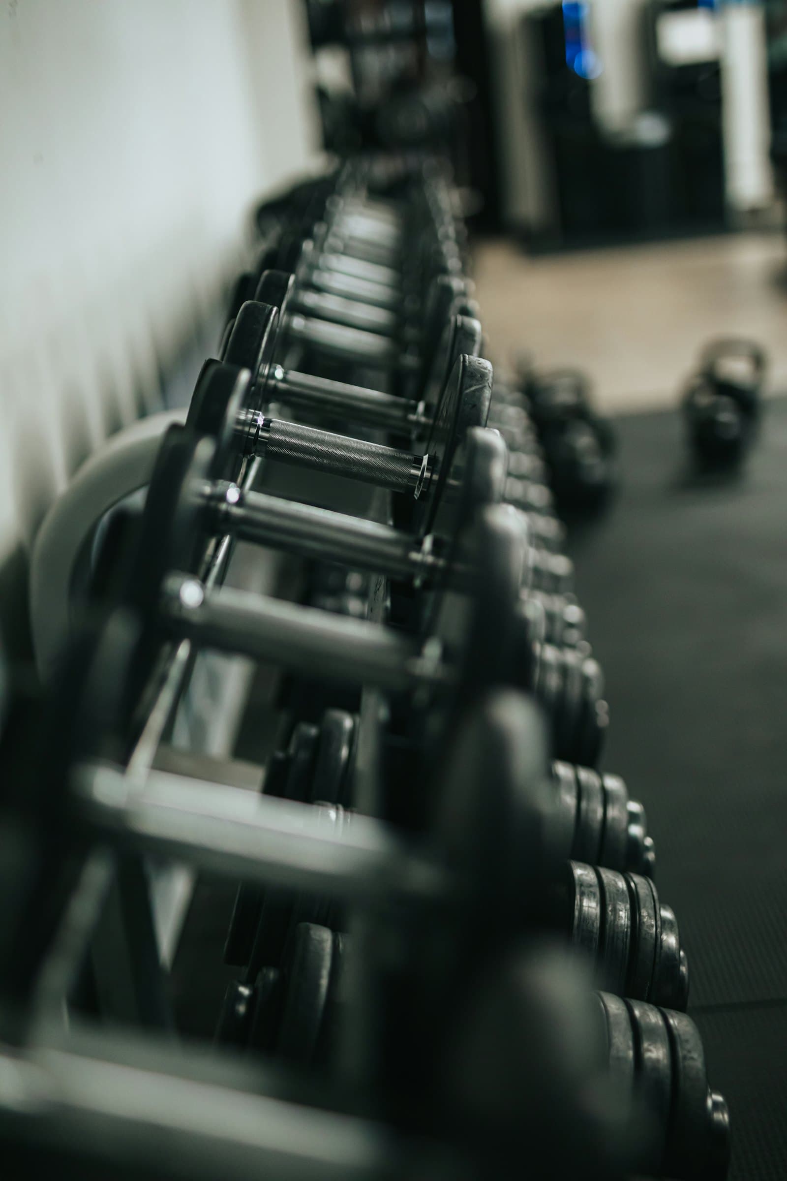 A rack of dumbbells lined up along a gym wall