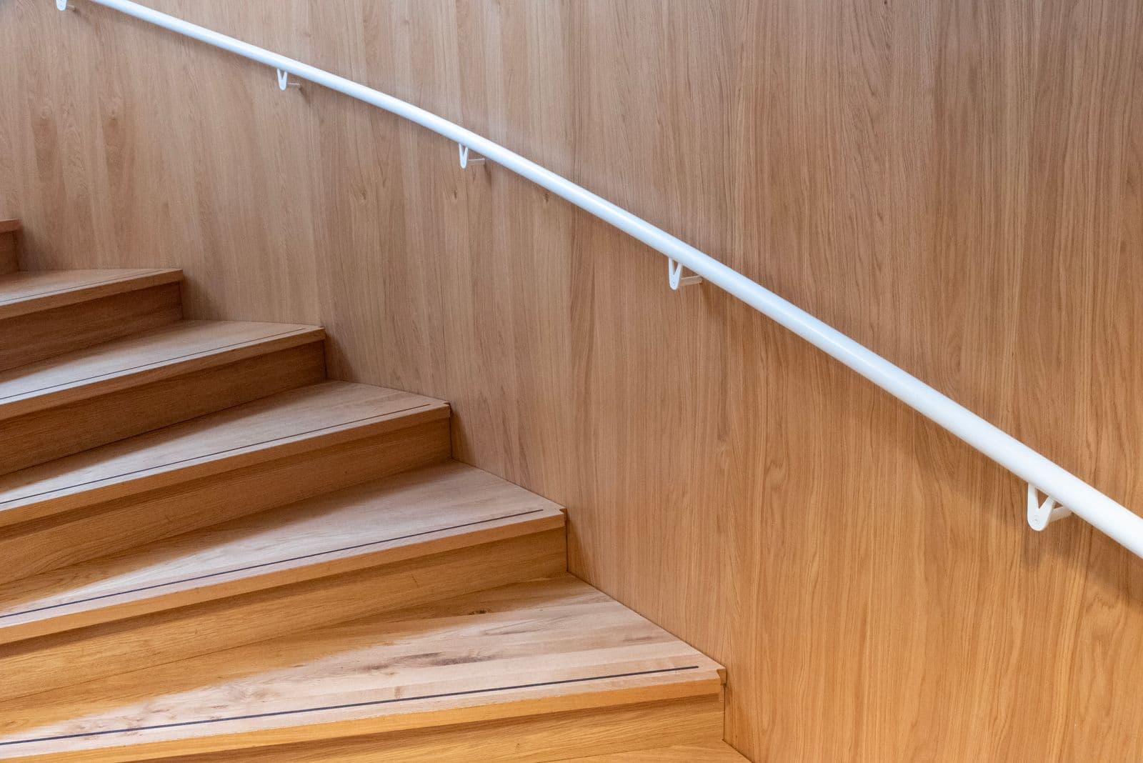 Shallow oak stairs curving upward beside a pale handrail